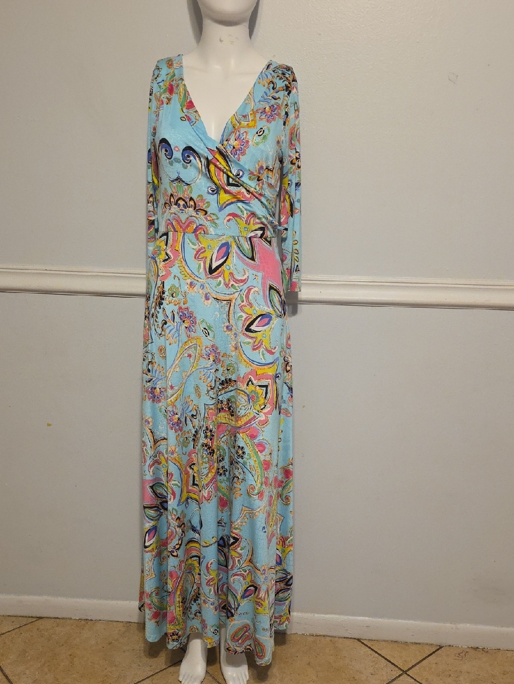 Tua Pastel Paisley Wrap Maxi Dress in Light Blue with Pink Accents
